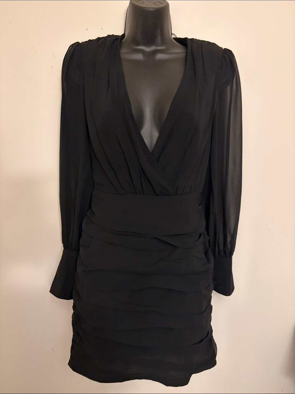 PrettyLittleThing Black Long Sleeve Wrap Tiered Mini Dress